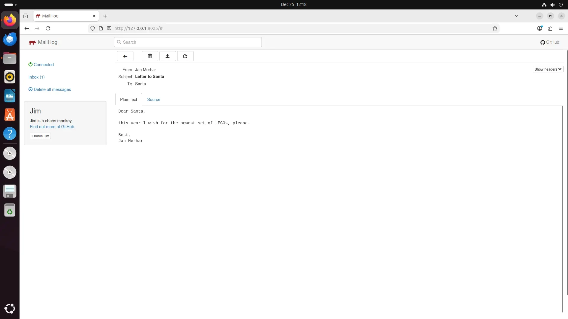 Alt MailHogs's web UI inbox with a an opened Santa's letter